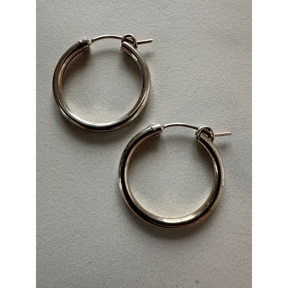 Sterling Silver Round Hoop Earrings Polished Latch Back 24mm 1.69g